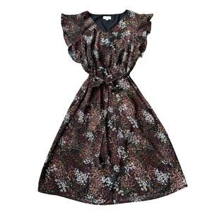 Ann Taylor LOFT Black Ditsy Floral Fit & Flare Tie Waist Dress Size S Classic